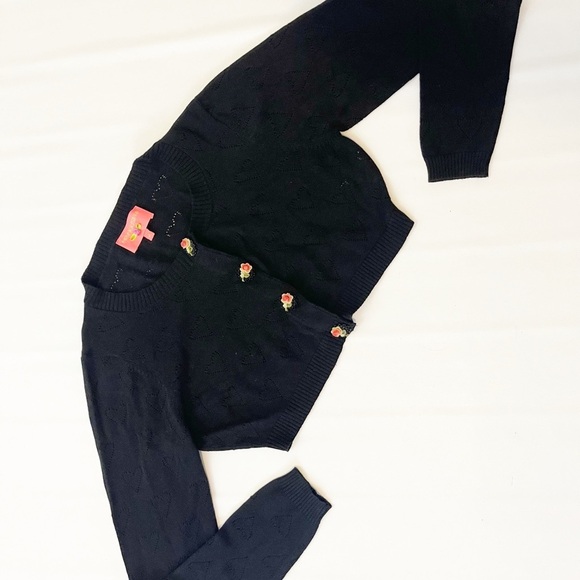 manoush black cropped cardigan with floral buttons and hearts size M - Picture 1 of 6